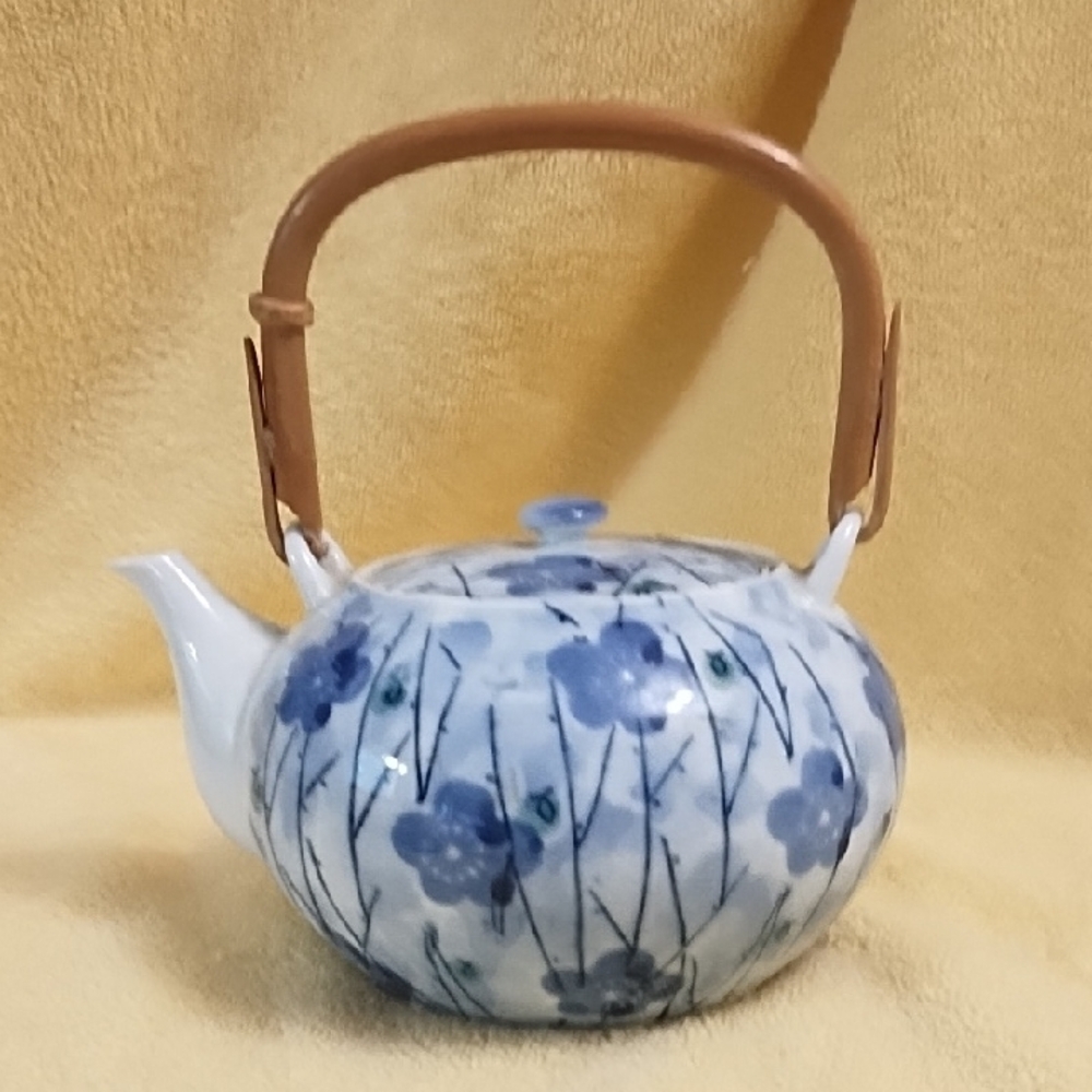 Floral Blue and White Teapot with Tan Handle